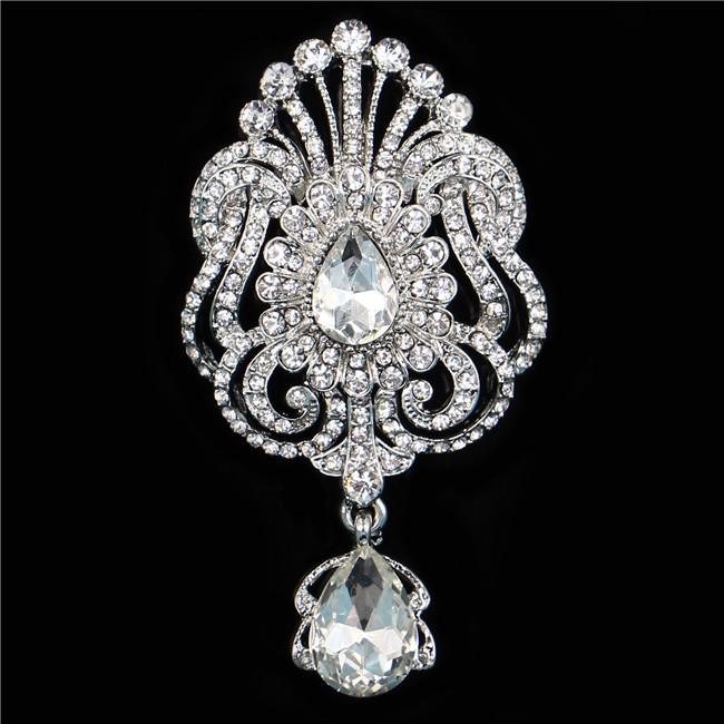 DIEZI Luxury Gold Silver Color Crystal Flower Bridal Brooches for Wedding Women Party Rhinestone Bouquet Water Drop Brooch Pins