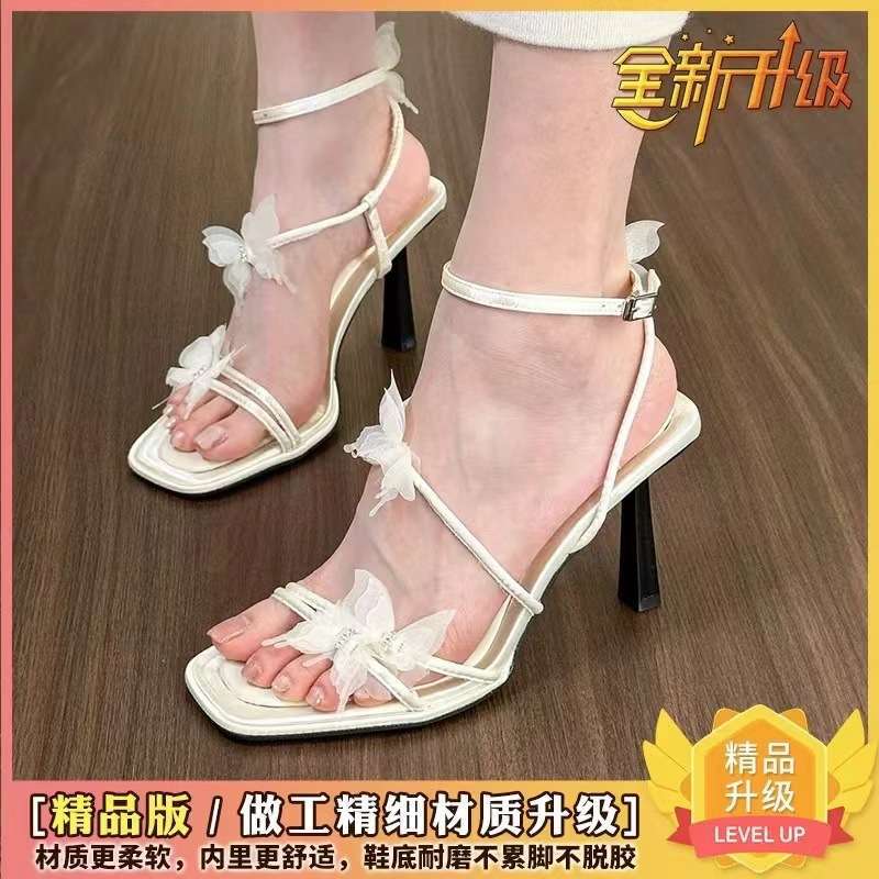 Temperament Bow Strap High Heels Female 2025 Summer New Square Head One-word Strap Stiletto Roman Sandals Fairy