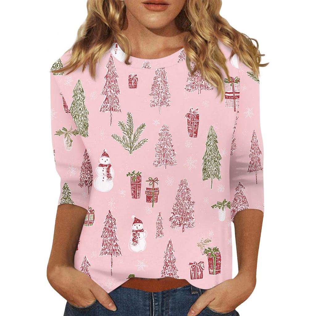 Women's O-Neck 3/4 Sleeve Christmas Print Top