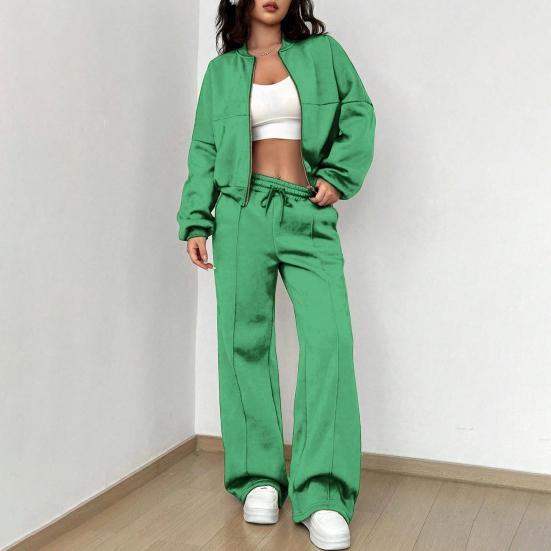 2 Pcs/Set Women Coat Pants Set Stand Collar Long Sleeve Zip-up Elastic Cuff Jacket Drawstring Stretchy High Waist Wide Leg