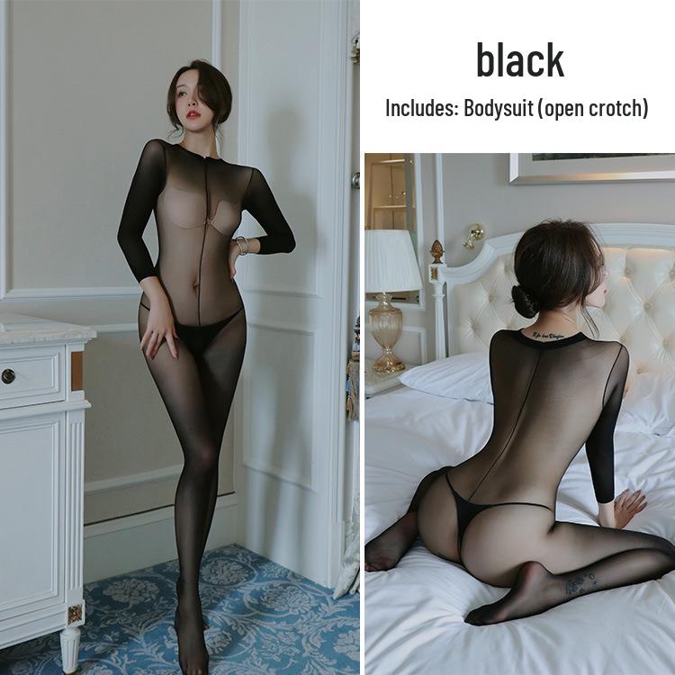 Seductive Black Transparent Lingerie: Sexy Bodysuit & Stockings for Women