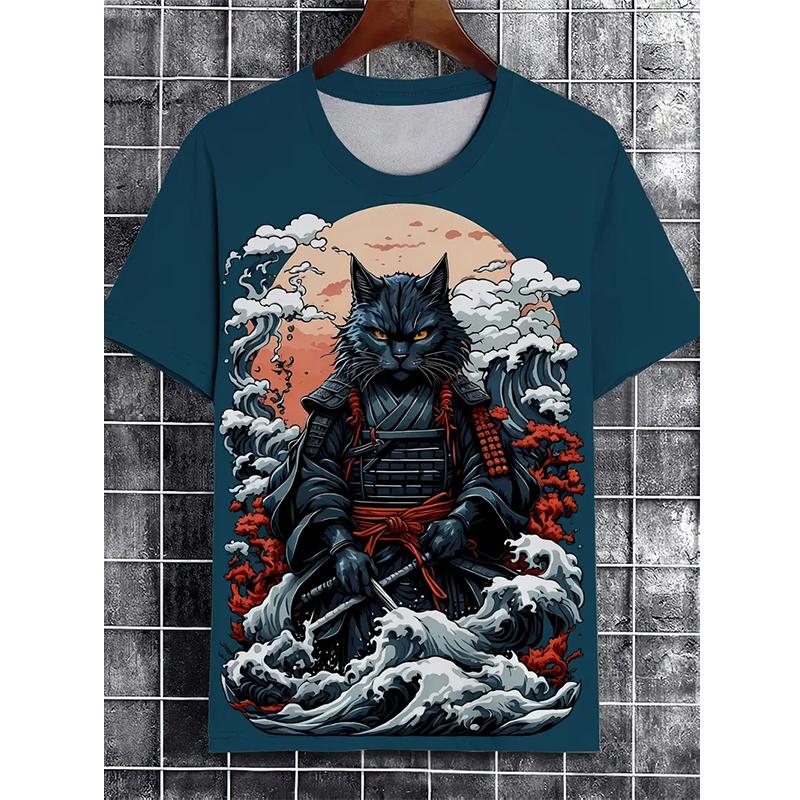 Funny Cat Pattern T-Shirt For Men Personality Animal 3D Printed Vintage Japanese Style T Shirts Summer Short Sleeved Casual Tees