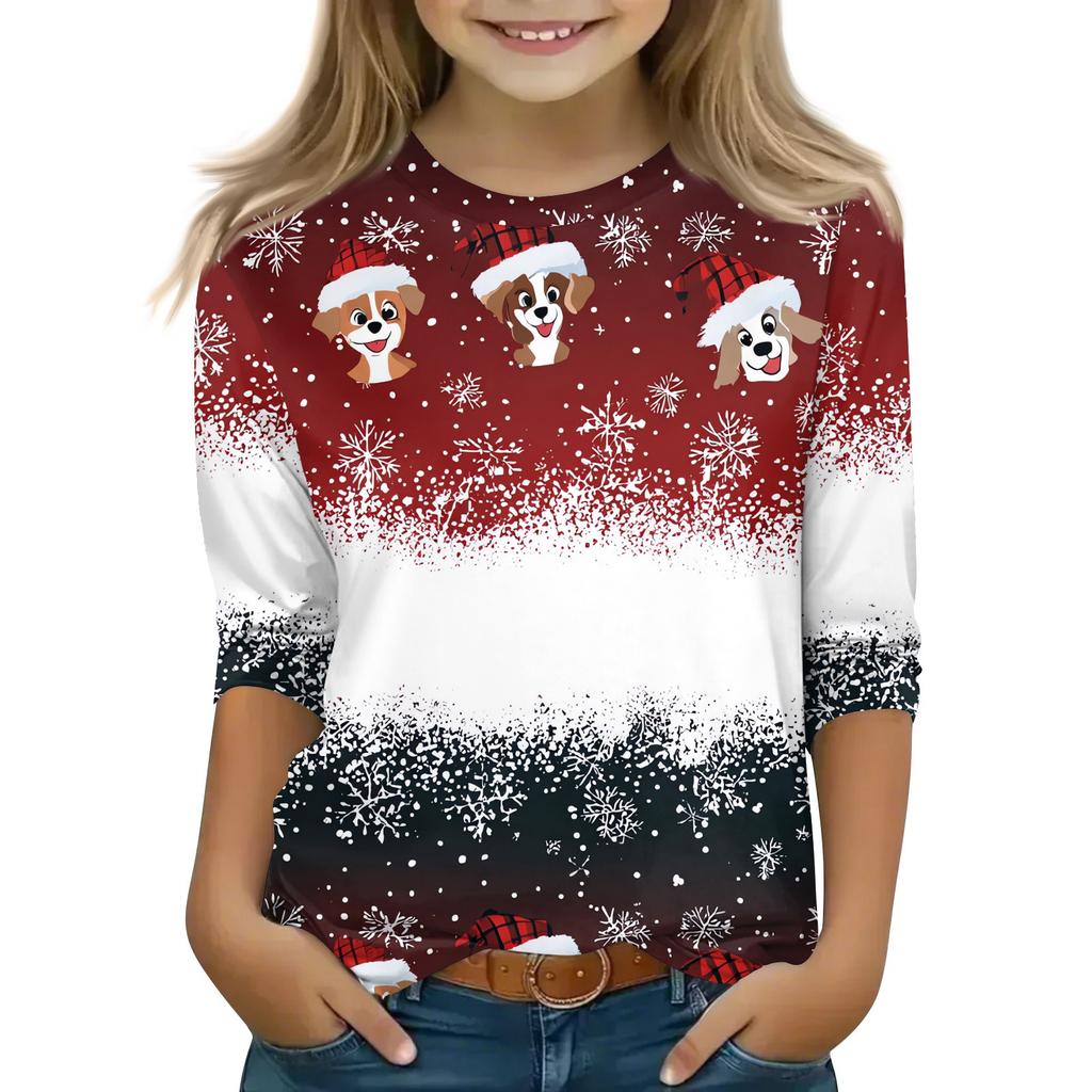 Christmas Children's 3/4 Sleeve Tops Casual  Printed Daily T Shirt Round Neck Pullover Blouse