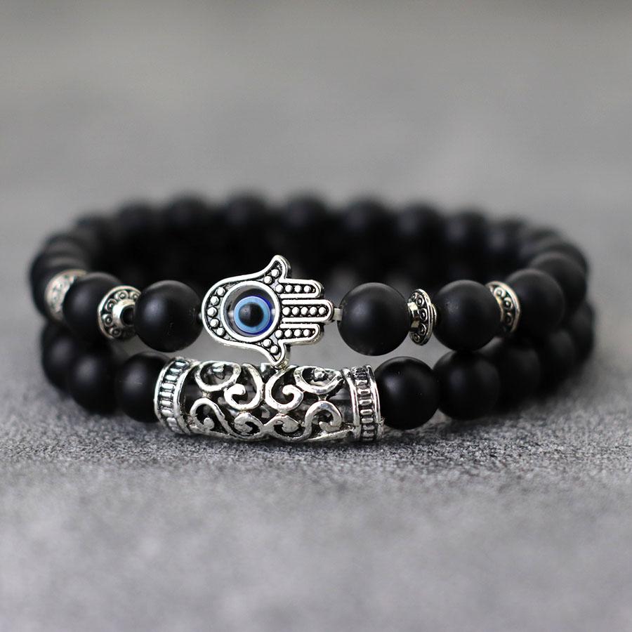 

Retro 2Pcs Men Bracelet Set Turkey Evil Eyes Fatima Hand Braslet Natural Lava Sodalite Tiger Eyes Braclet Meditation Accessories оникс