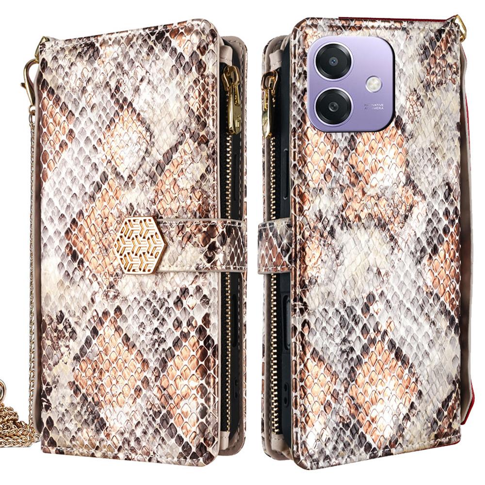 

For Oppo A3x 5G (India) Case Snake Skin Texture PU Leather Phone Wallet Cover with Shoulder Strap White