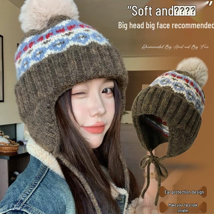Women's Fair Isle Earflap Knitted Beanie - Thick Warm Hat for Autumn & Winter