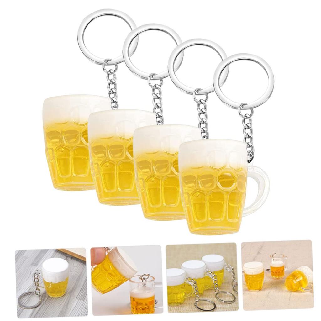 SEWACC Bierkrug Schlüsselanhänger, Set mit 4 Stück, Acryl und Edelstahl, Mehrfarbig, Taschenanhänger, Band, 4x3x3cm, Klein, Leicht, Niedliche Mini-Bierkrüge, Auto