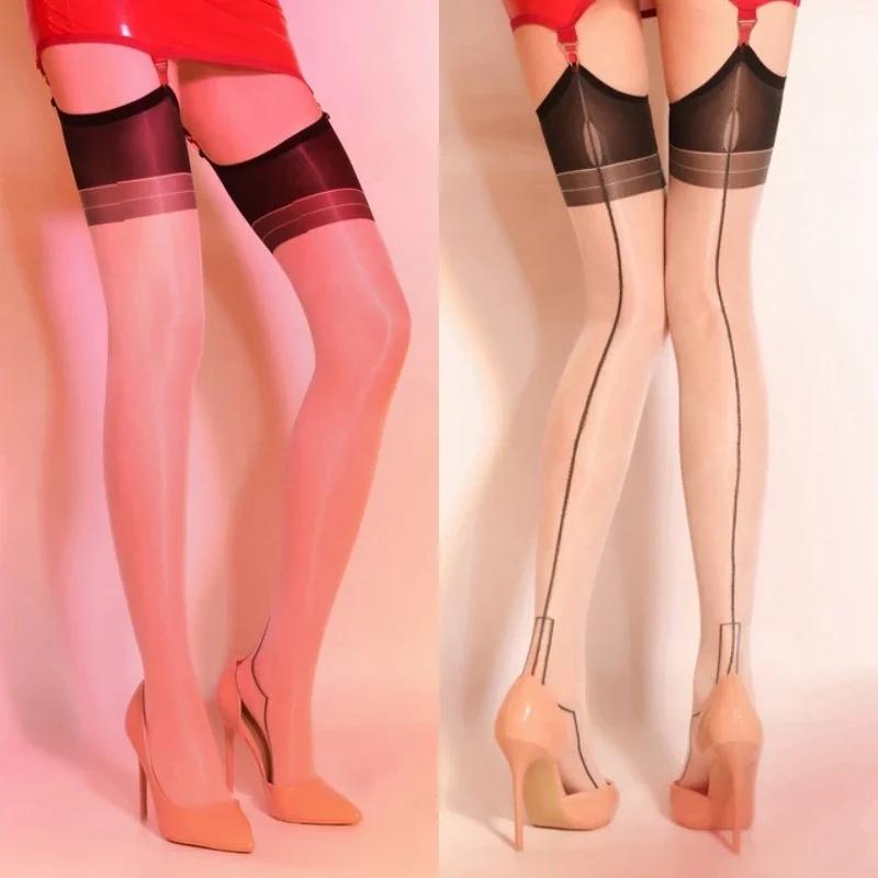 Women Sexy Ultra Thin Transparent Thigh High Stockings 5D Oil Glossy Cuban Heel Back Seam Party Socks Pole Dance Clubwear