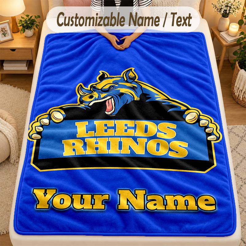 Flannel BlanketLeeds Rhinos Custom Name Text Personalized Soft Warm Throw Blanket Home Decor Gift