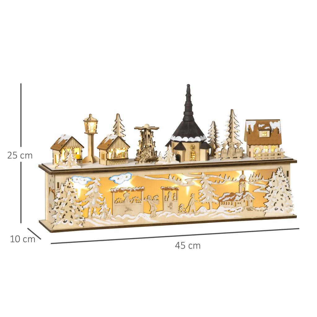 Christmas decoration, Christmas village, 10 LEDs, warm white light, 45 x 10 x 25 cm, wood decor
