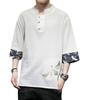 Warmcool Summer Linen Short Japanese Plus Sizes Loose Solid Top Men's T-Shirt, Sleeve, Cotton-Linen, Style, Embroidered, Cooling, 3/4 Sleeve,