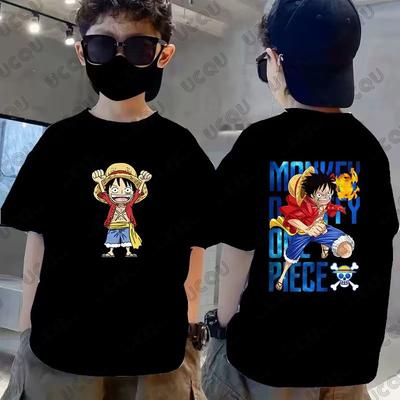 Japanese Anime One Piece Cartoon D.Luffy Print Cotton T Shirt For Children Summer Short Sleeve Tees Casual Kids Sports Top