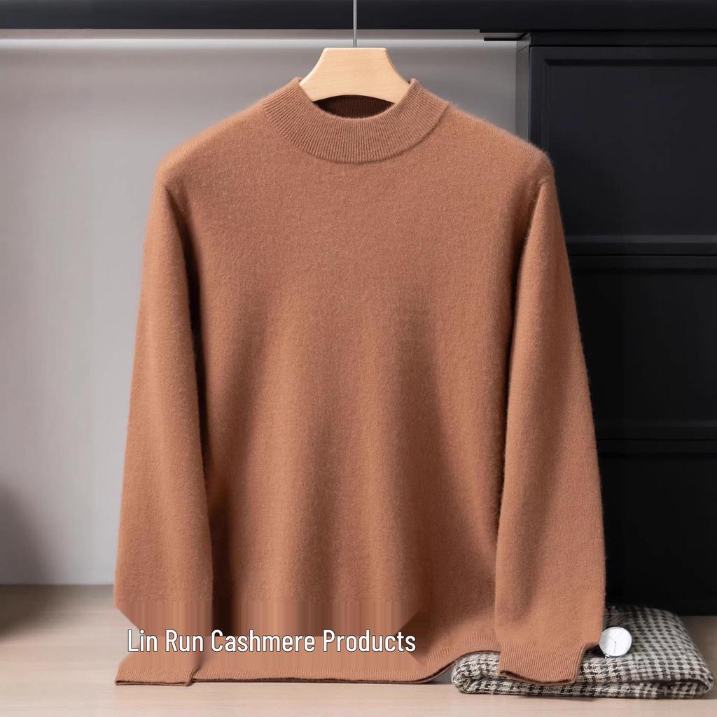 Men's 12-Gauge Double-Layer Half-High Collar 100% Cashmere Sweater, Long-Sleeved, Versatile, Business Casual, Warm Knitted Base Layer