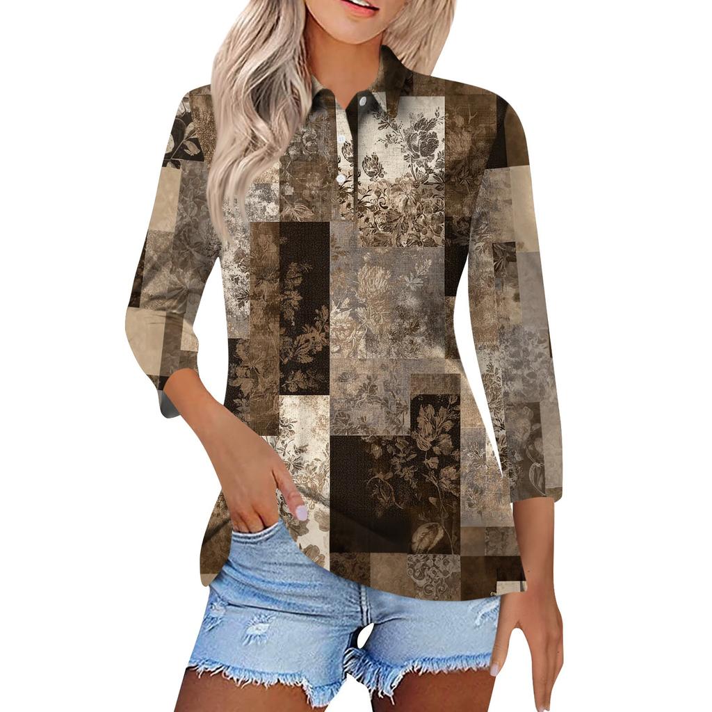 Women's Fashion Casual Lapel Short 3/4 Sleeve Print Shirt Women's Button Up Tops