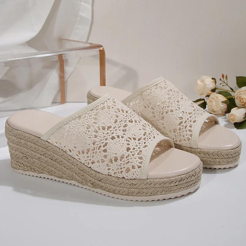 Fashion Plus Size 36-43 Braided Wedge Sandals Women 2025 Summer Linen Thick Sole Slippers Woman Comfy Hollow Out Platform Sandles Female