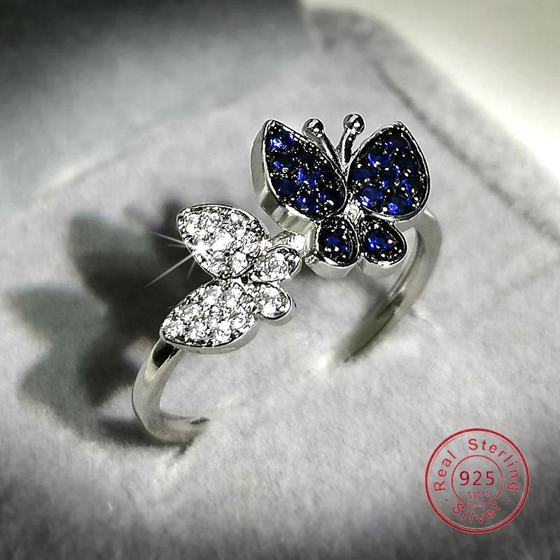 Luxury Sapphire Crystal Rings for Women Shine Butterfly Sterling Plata Rings Cocktail Weddings Party Sterling Gifts