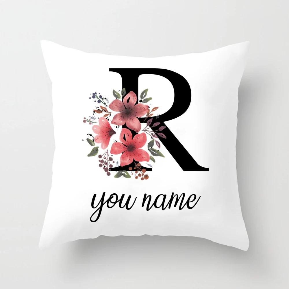 Personalized Name Flower Letter Pillow Case Alphabet Print White Square Pillow Case Dust Cover Bedroom Party Decoration