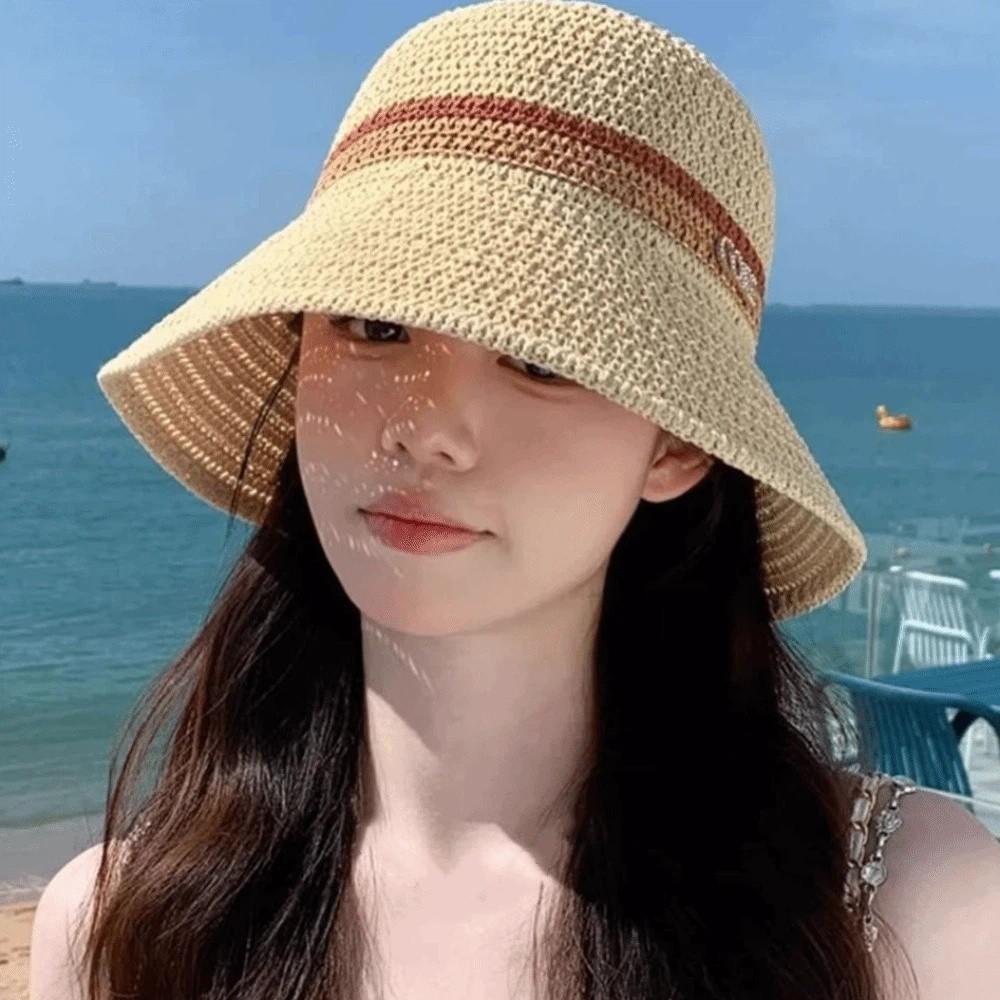 Flat Brim Hollow Straw Cap Breathable Sun Hat Simple Wide Brim Bucket Hat  Beach Vacation