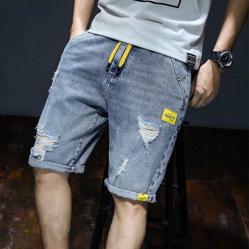 Men's Summer Korean-Style Ripped Denim Shorts - Thin, Loose, Straight, Casual Mid-Length Trendy Workwear.