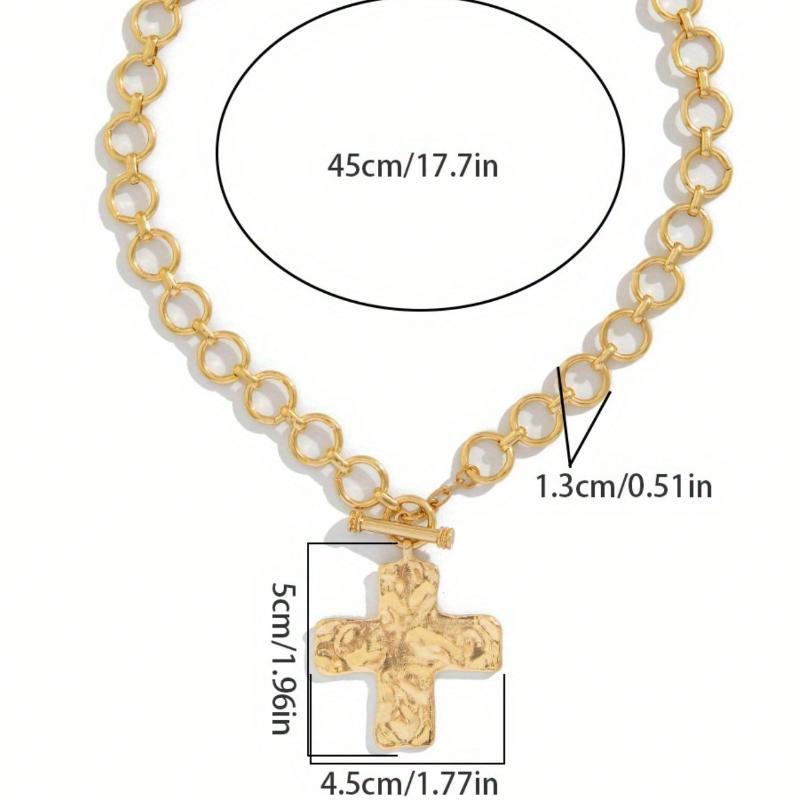 Hammered Bold Cross Necklace Thick Chain Set for Women Men Chunky Golden Silvery Statement Pendant Necklace Vintage Chain Pendant Jewelry
