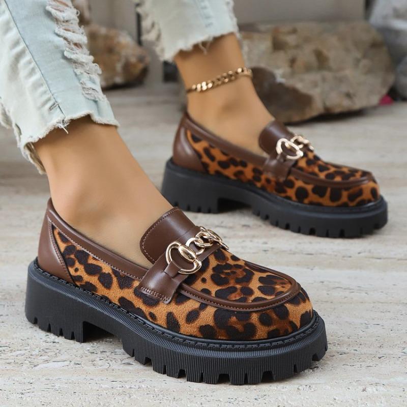 Women's Fashion Leopard Patchwork Slip-on Loafers Chunky Heel Platform Flats 2025 New Moccasins Casual Shoes Plus Size Zapatos