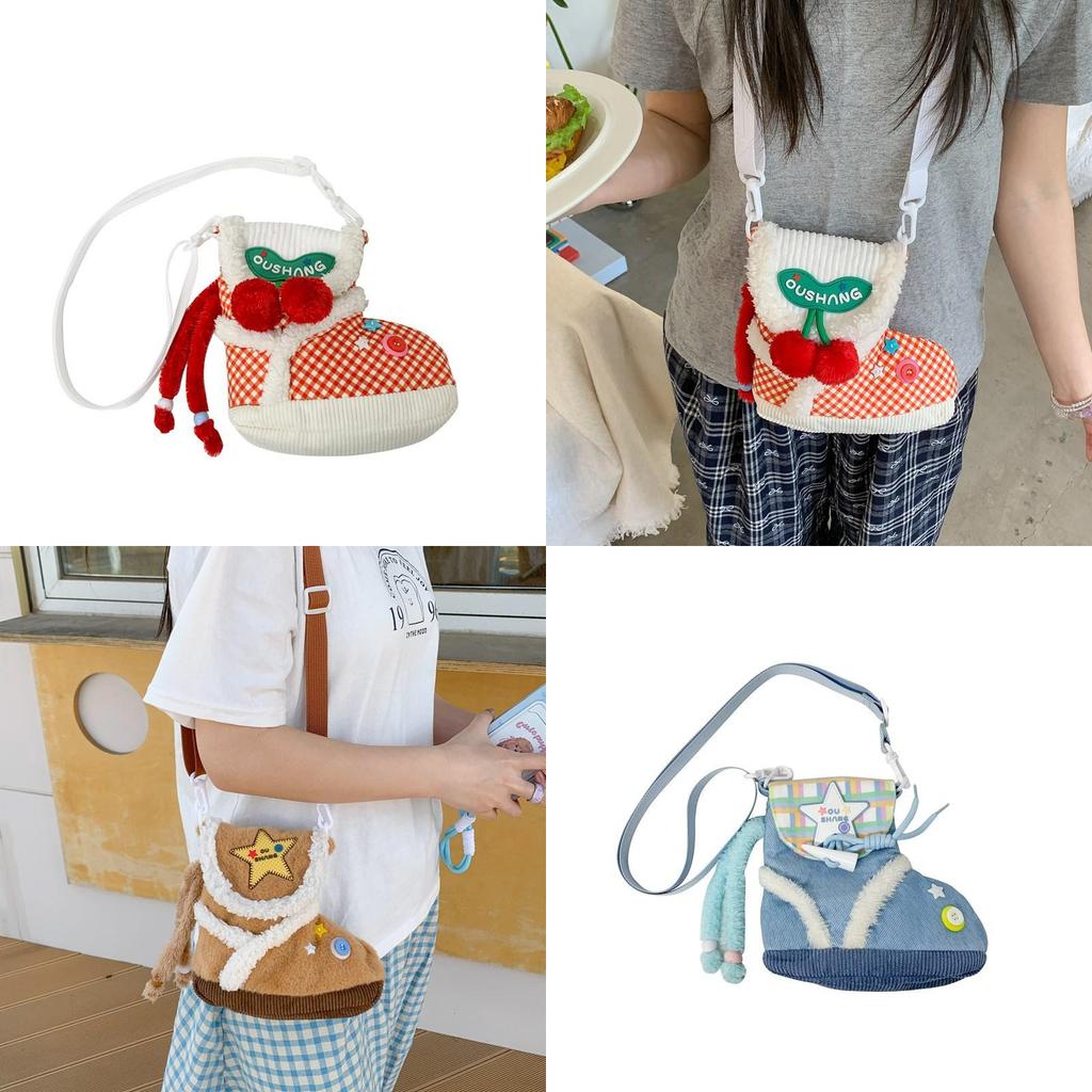 Plush Cartoon Shoe Shaped Shoulder Bag For Girls With Zipper Closure And Inner Pouch