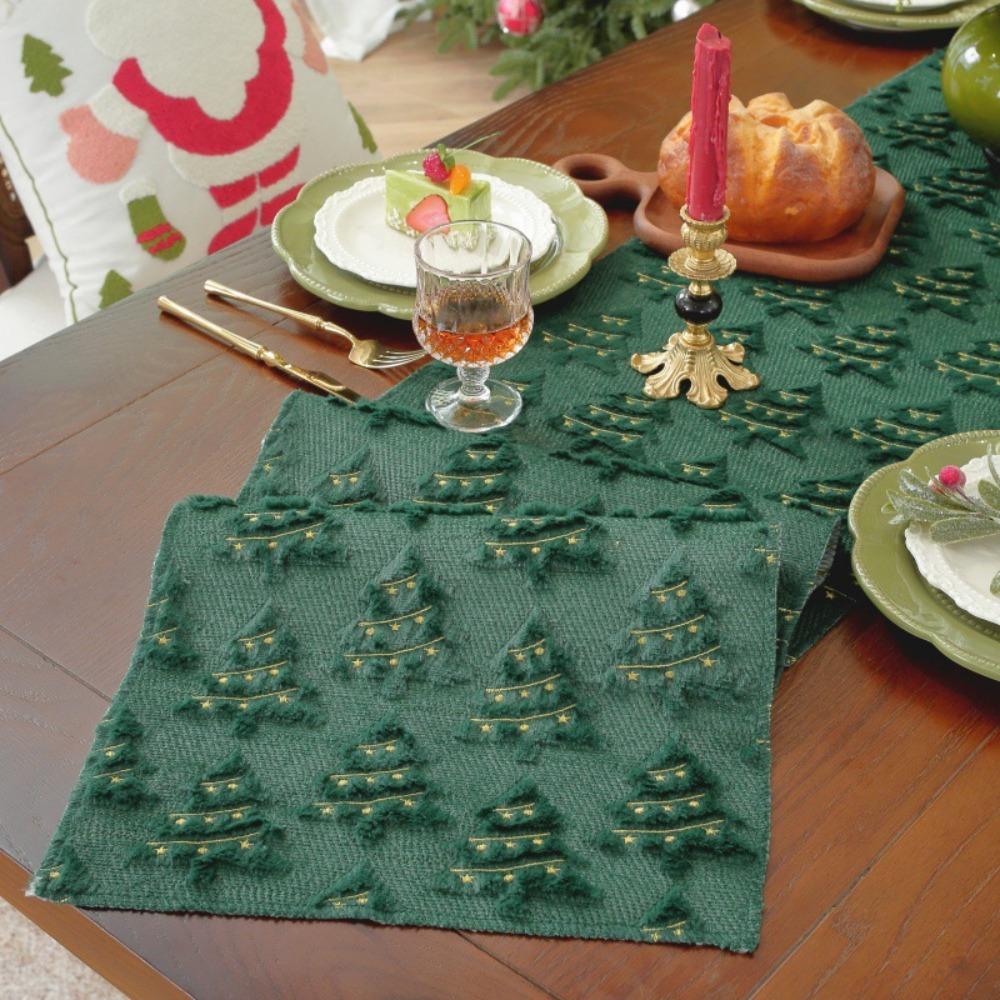 

Christmas Table Runner Fluffy Embroidered Green Holiday Decor Dining Table Cover Throw 35*140
