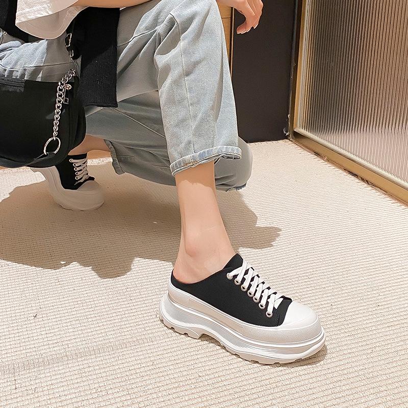 Sheepskin Version~ Spring and Summer Baotou Half Slippers Women Wear Thick Soles Inside Heightening Canvas Shoes Internet Celebrity Explosion White