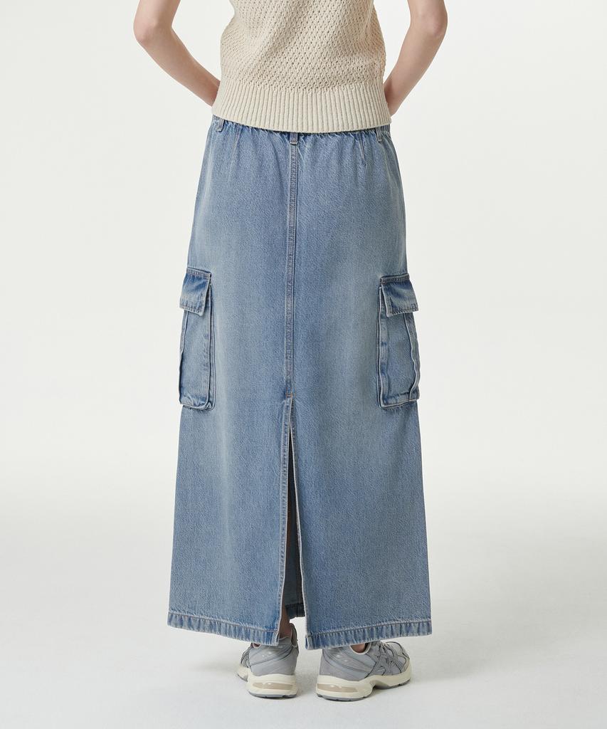 Musinsa Standard Woman Women'S Denim Cargo Elastic Waist Maxi Skirt [Light Indigo]