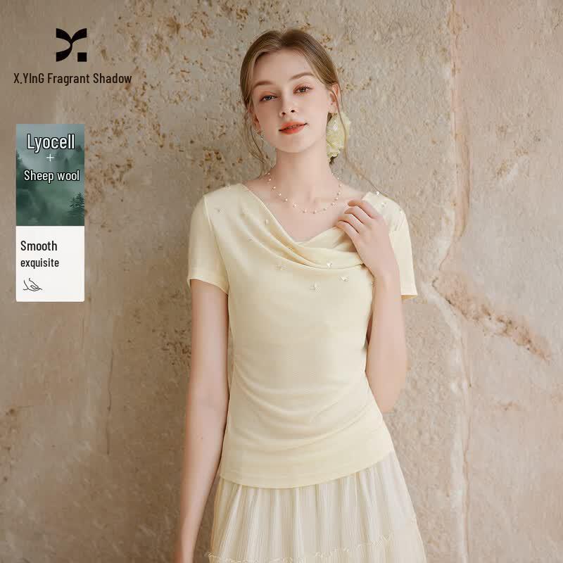Women s Drape Neck Wool Blend Short Sleeve Knit Top M