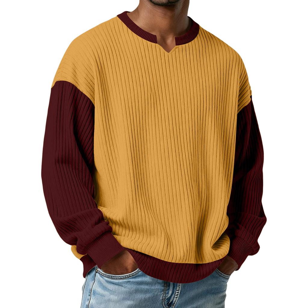 Herrars Färgblockerad Stilfull V-ringad Ribbad Texturerad Långärmad T-shirt