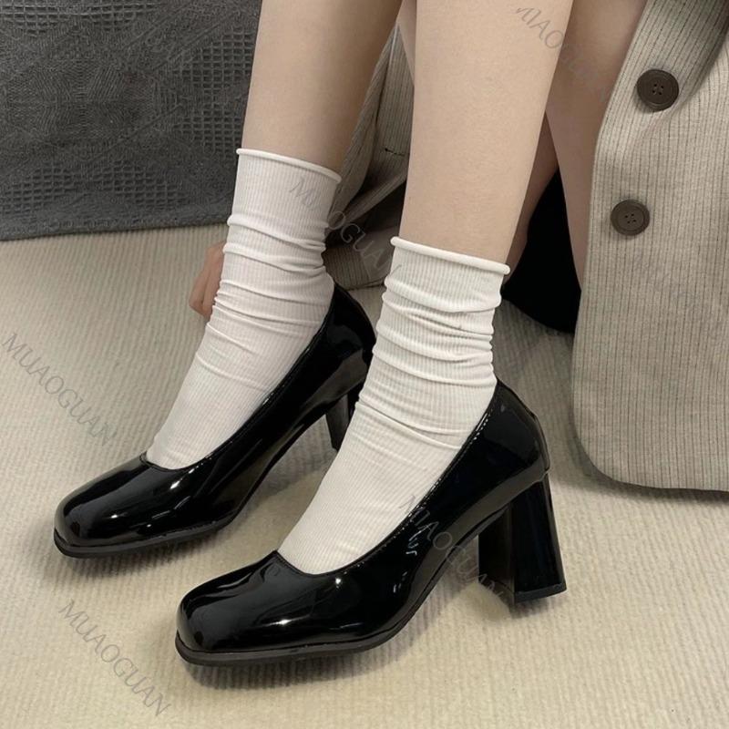 Fashion Elegant Woman Heeled Shoes Black Leather Thick High Heels Female Spring Autumn Women's Pumps Sexy Square Toe Shoes Women Heels