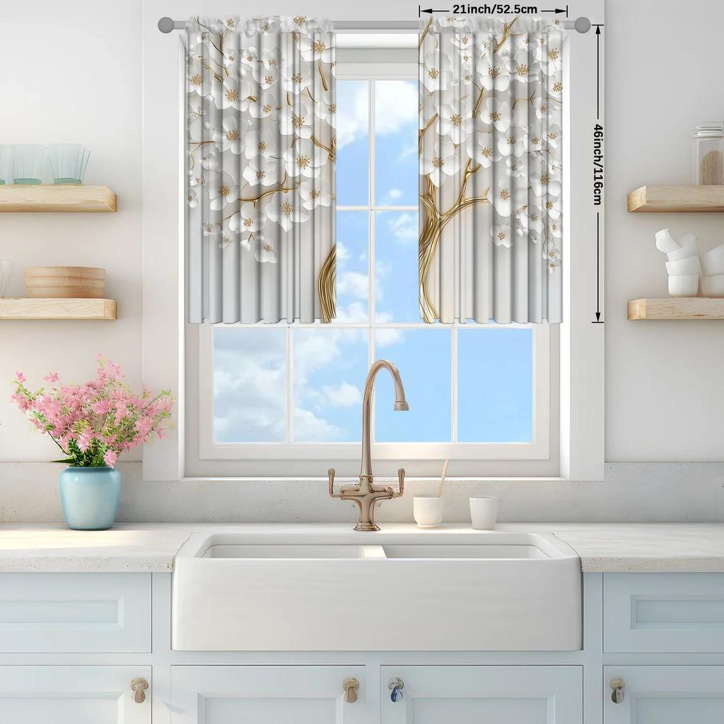 VIKAMA2PC Embossed Gold-Centered White Floral Curtains Bedroom Living Room Bay Window Luxurious Cozy and Artistic Ambiance