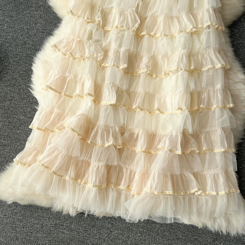 Summer Women Elegant Ruffles Mesh Tulle Cake Long Maxi Skirt