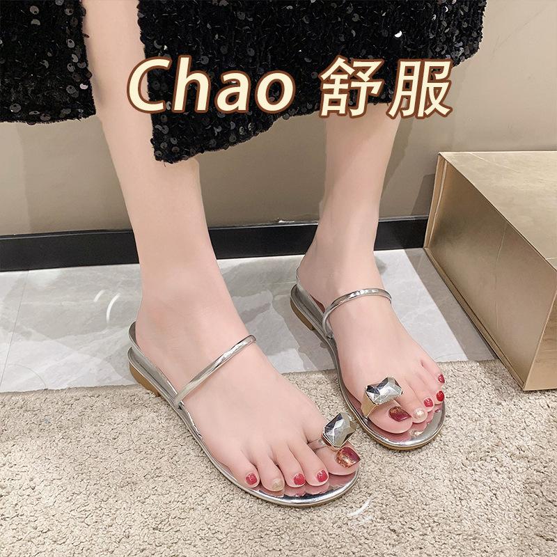 Slippers Women's Summer Wear Mirror Cover Toe Classic Internet Celebrity Rhinestone Cover Toe Flat Bottom Fashion Versatile Slope Heel Beach Sandals