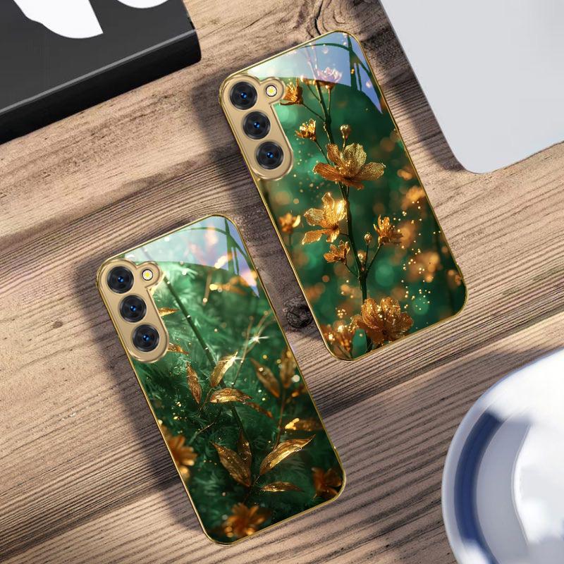 Bronze goldene Blätter Für Samsung Galaxy S26 S20 FE S21 S22 S23 Plus S24 Ultra 25Ultra S21+ S9 S22 S8 Goldene Glas-Handyhülle