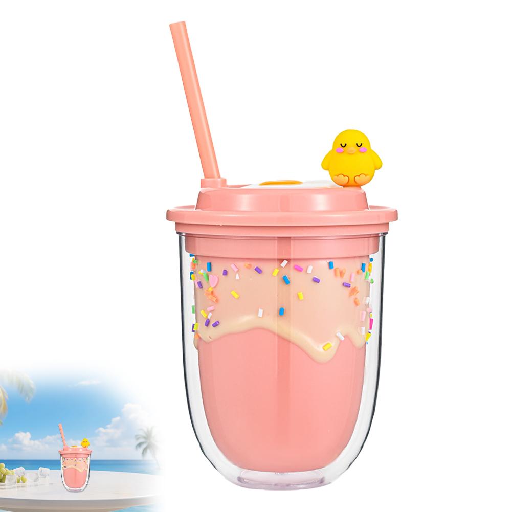Cute Ice Cream Straw Cup Creative Double Layer Plastic Water Bottle With Crushed Ice Decor Portable Tumbler For Girls Kids Gift