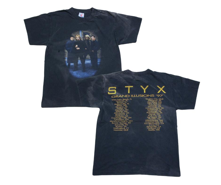 Vintage 1997 Styx Band T-shirt Grand Illusions Tour Concert Black Shirt Sz L M
