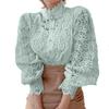 Women Chiffon Button Turtleneck Shirt Chic Elegant Floral Lace Fluffy Long Sleeve Top Fashion Hollow Oversize White Blouse
