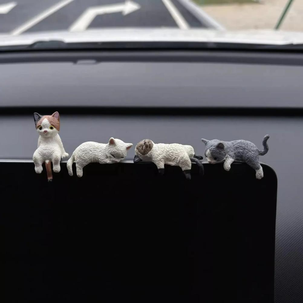 4pcs Cute Kitten Decoration Creative Sleeping Cat Doll Automobile Screen Ornaments Toys Cat Micro Landscape Decoration Gifts