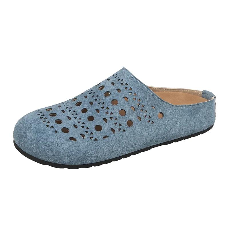 Fashion Baotou Hollow Out Fretwork Suede Leather Solid Concise Half Slippers Women Round Toe Pull on Muller Beach Shoes Females