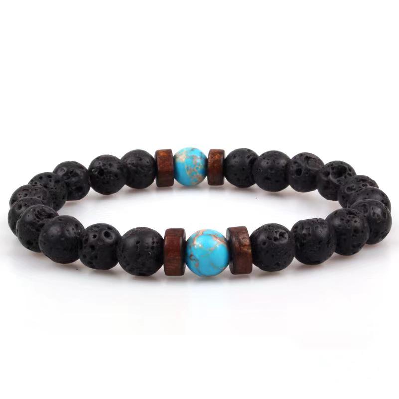 Unisex 8mm Lava Stone & Map Stone Black Flash Beaded Bracelet with Wood Chip Accents