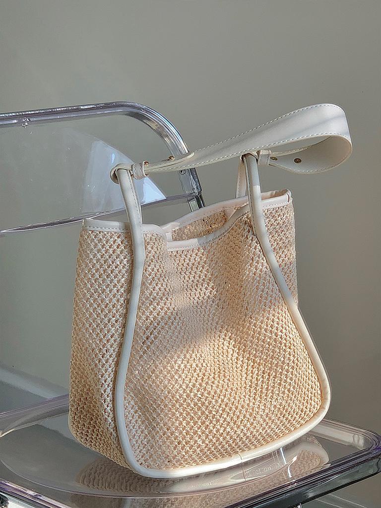 Summer Large Capacity Straw Woven Bag for Women  Personalized Hollow Contrast Commuter Bag  Hand-held Shoulder Woven Bag
