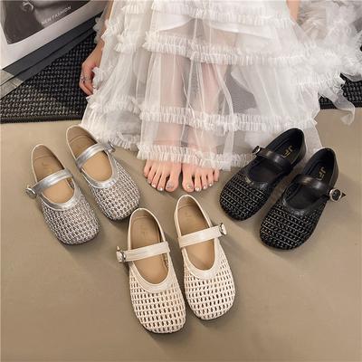 Mary Jane Single Shoes Women's 2025 Summer New French Hollow Fishing Net Crocheted Silver Light Mouth Roman Bean Shoes Women's Shoes
