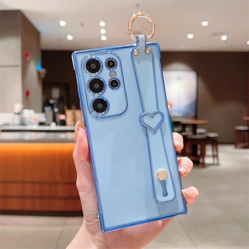 Electroplated TPU Wrist Strap Holder Back Case For Samsung Galaxy S25 S24 S23 S22 S21 Ultra + S20 FE Lens Protection Cover