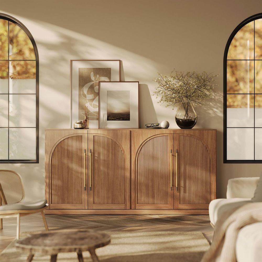 65 Tall Freestanding Accent Cabinet with Adjustable Shelves, Arched Design & Gold Handles for Living, Dining Rooms or Entryways