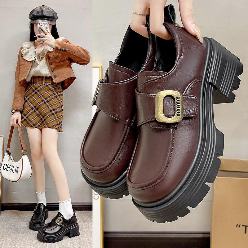 Niche British Small Leather Shoes Women's 2025 Spring New Retro Thick Heel Belt Buckle Loafers Heightening Fashion Single Shoes