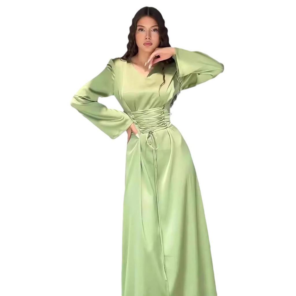 2024 Spring V-Neck Bandage Waist Slimming Long Sleeve Dress for Socialites