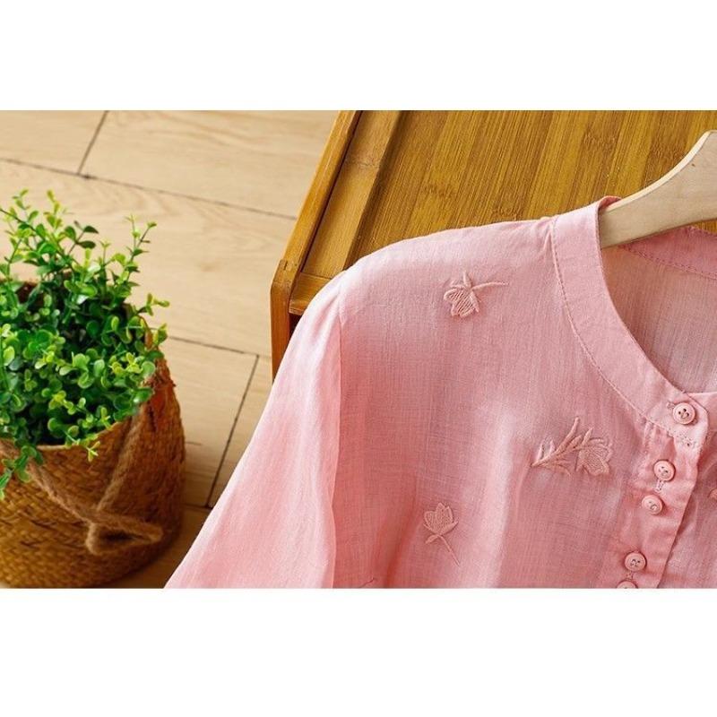 Retro Cotton and Linen Embroidered Shirt Women's Summer Western Style Thin Linen Small Shirt Three-quarter Sleeve Top