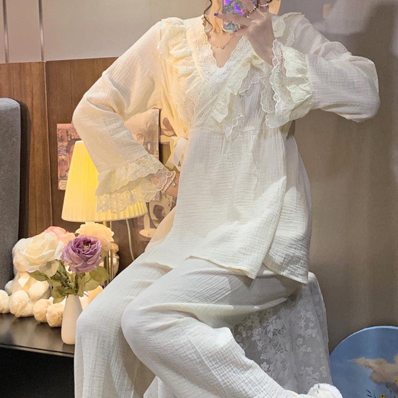 Women's Autumn Princess Style Long Sleeve Pajama Set - Sweet Retro Kimono Design